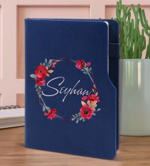 BK Gift Kişiye Özel Çiçek Tasarımlı Lacivert Termo Deri Not Defteri 15x21cm-27