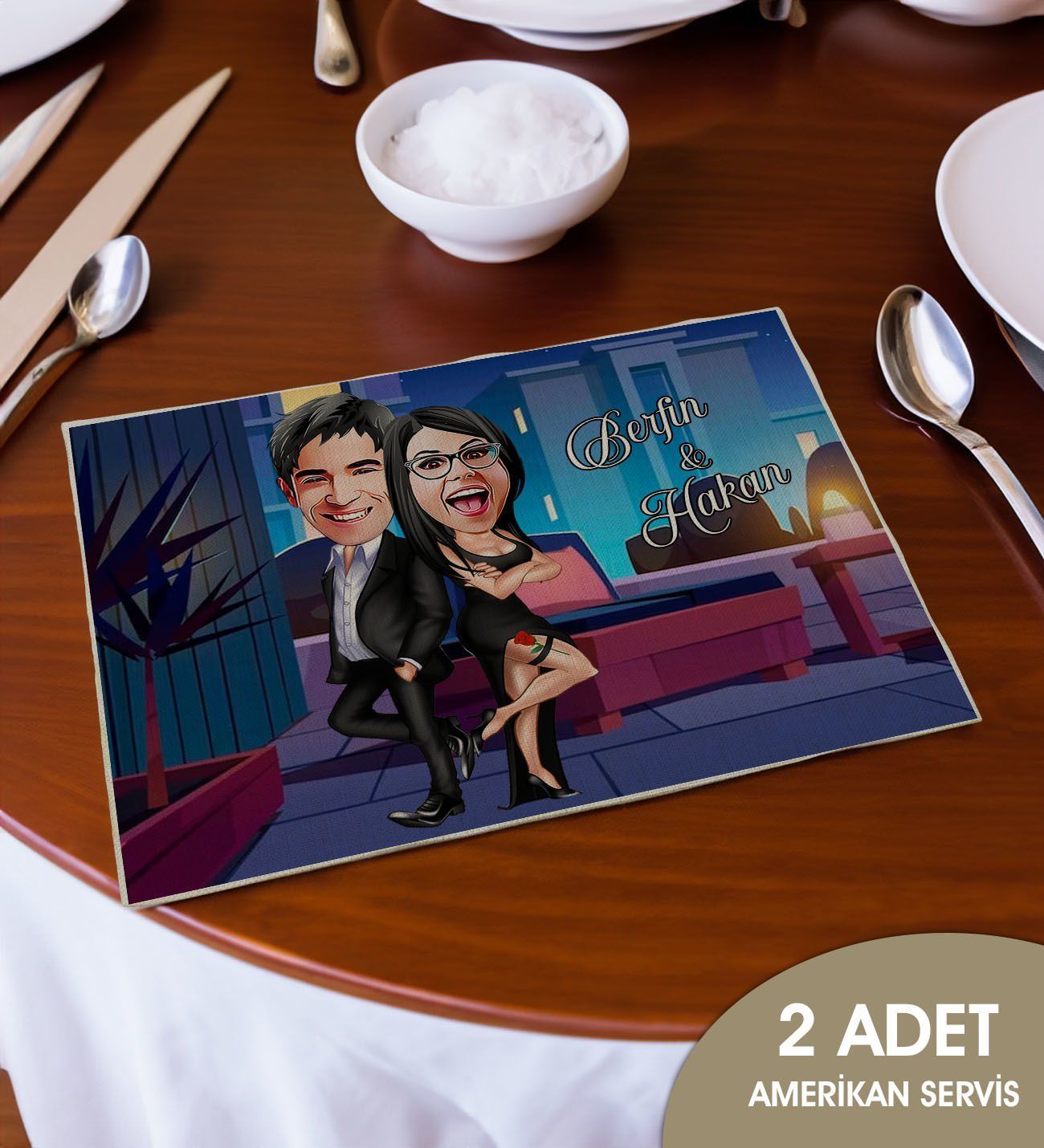 BK Gift Kişiye Özel Karikatürlü 2’li Keten Amerikan Servis Seti-6, Ev Hediyesi,Baskılı Servis Bezi, Mutfak Dekoru