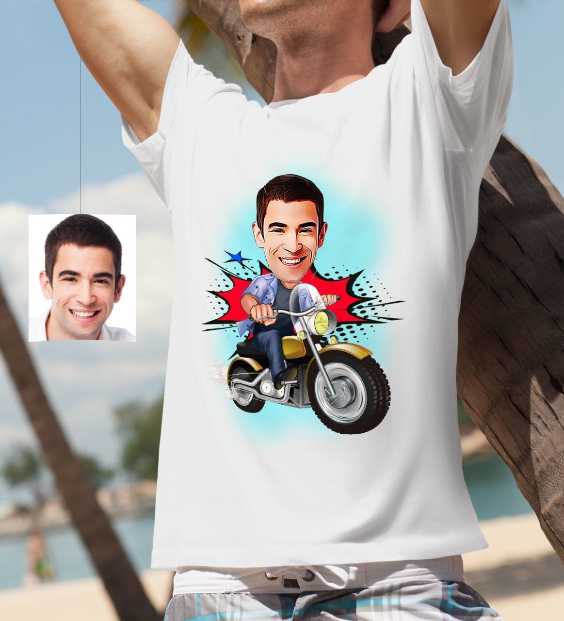 Kişiye Özel Bay Motorcu Karikatür Beyaz Tişört - 1