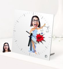 Kişiye Özel Bayan Avukat Karikatürlü Masaüstü Kare Cam Saat - 1