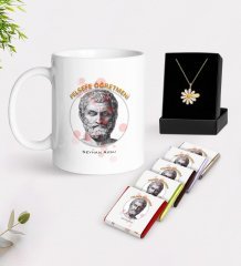 Kişiye Özel Felsefe Öğretmeni Beyaz Kupa Çikolata ve İsimli Papatya Kolye Hediye Seti-1