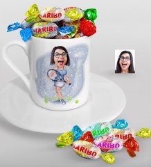 Kişiye Özel Bayan Tenis Oyuncusu Karikatürlü Türk Kahvesi Fincanı ve Haribo Şeker Hediye Seti-1
