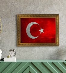 Türk Bayrağı Altın Yaldız Çerçeveli A3 Tablo - Yatay
