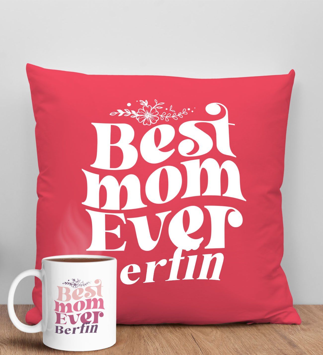 BK Gift Kişiye Özel İsimli Anneler Günü Tasarımlı Kırmızı Kırlent Yastık ve Kupa Seti, Anneye Hediye, Ev Dekorasyonu, Anneler Günü Hediyesi-1