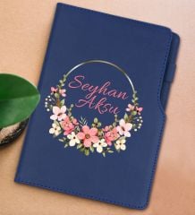 BK Gift Kişiye Özel Çiçek Tasarımlı Lacivert Termo Deri Not Defteri 15x21cm-23
