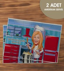 BK Gift Kişiye Özel Karikatürlü 2’li Keten Amerikan Servis Seti-5, Ev Hediyesi,Baskılı Servis Bezi, Mutfak Dekoru