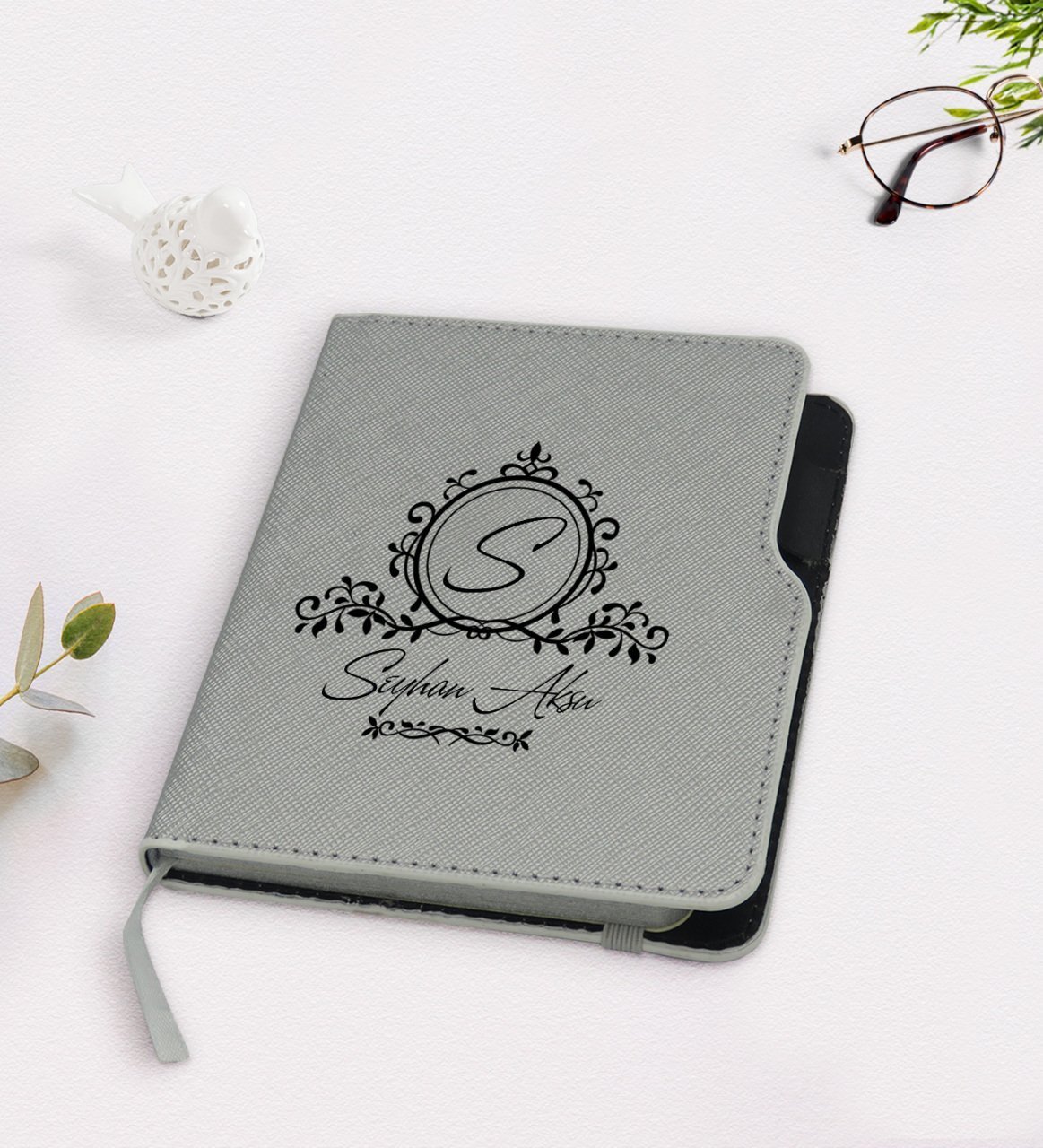 Kişiye Özel İsimli Gri Termo Deri Defter-11
