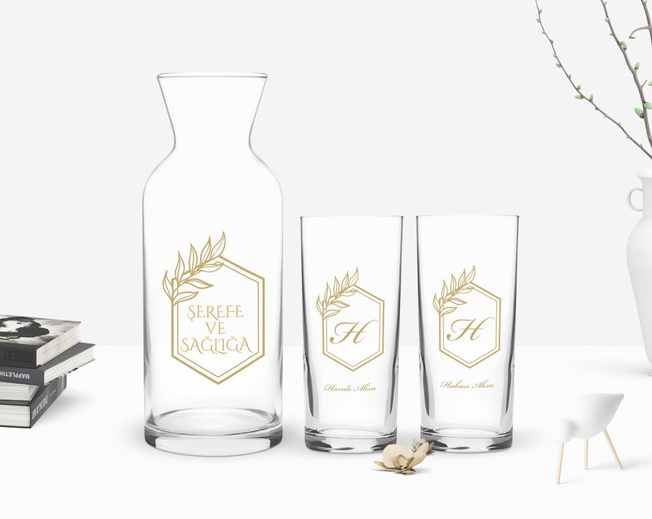 Kişiye Özel Renkli Baskılı Baş Harf İsim Tasarımlı İkili Rakı Bardağı ve Karaf Hediye Seti-6