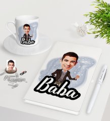 Kişiye Özel Baba Karikatürlü Beyaz Defter Kalem Türk Kahvesi Fincanı Seti-1