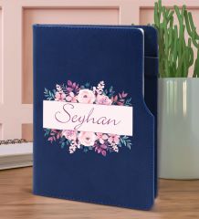 BK Gift Kişiye Özel Çiçek Tasarımlı Lacivert Termo Deri Not Defteri 15x21cm-22