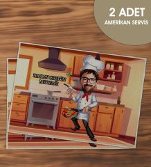 BK Gift Kişiye Özel Karikatürlü 2’li Keten Amerikan Servis Seti-4, Ev Hediyesi,Baskılı Servis Bezi, Mutfak Dekoru