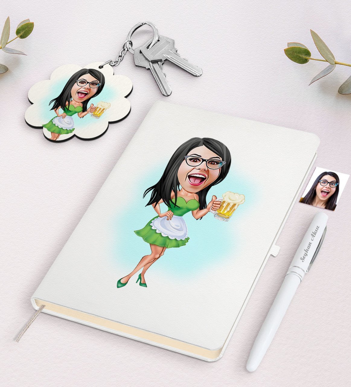 Kişiye Özel Kadın Karikatürlü Beyaz Defter Kalem ve Anahtarlık Hediye Seti-30