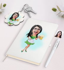 Kişiye Özel Kadın Karikatürlü Beyaz Defter Kalem ve Anahtarlık Hediye Seti-30