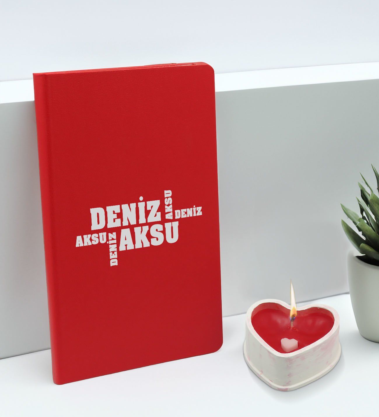 BK Gift Kişiye Özel İsimli Kırmızı Defter ve Kalp Taş Obje Kokulu Mum Hediye Seti-10, Sevgiliye Hediye, Arkadaşa Hediye