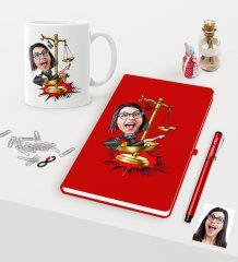 Kişiye Özel Bayan Avukat Karikatürlü Kırmızı Defter Kalem Kupa Seti - 4