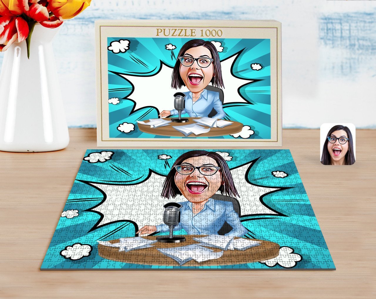 Kişiye Özel Kadın Spiker Karikatürlü 1000 Parça Profesyonel Puzzle-1
