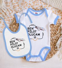 BK Kids Pilot Olucam Tasarımlı Mavi Bebek Body Zıbın ve Mama Önlüğü Hediye Seti-1