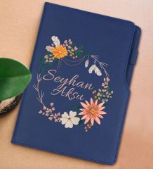 BK Gift Kişiye Özel Çiçek Tasarımlı Lacivert Termo Deri Not Defteri 15x21cm-20
