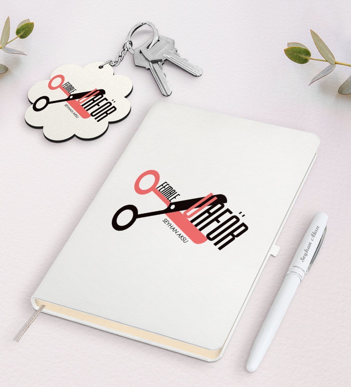 Kişiye Özel Bayan Kuaförü Beyaz Defter Kalem Ve Anahtarlık Hediye Seti-1