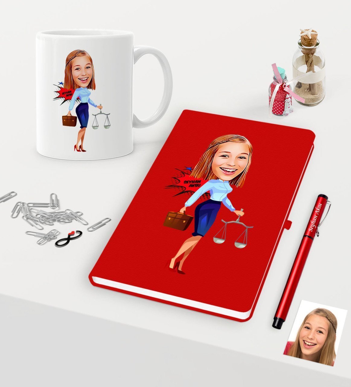 Kişiye Özel Bayan Avukat Karikatürlü Kırmızı Defter Kalem Kupa Seti - 3