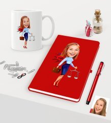 Kişiye Özel Bayan Avukat Karikatürlü Kırmızı Defter Kalem Kupa Seti - 3