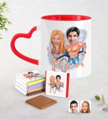 Kişiye Özel Sevgililer Karikatürlü Kırmızı Kalpli Kupa ve Çikolata Seti-8