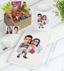 Kişiye Özel Evleniyoruz Karikatürlü Nostaljik Lezzetler Defter Kalem Kupa Hediye Seti-7