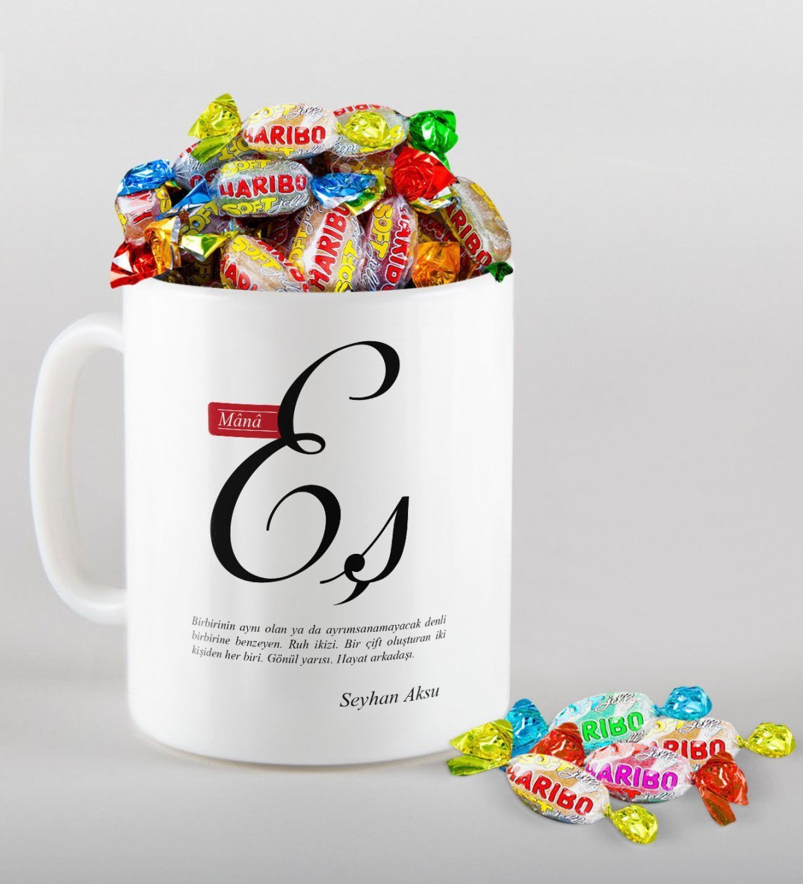 Kişiye Özel Mânâ Eş Kupa ve Haribo Şeker Hediye Seti