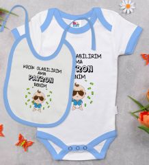 BK Kids Patron Benim Tasarımlı Mavi Bebek Body Zıbın ve Mama Önlüğü Hediye Seti-1