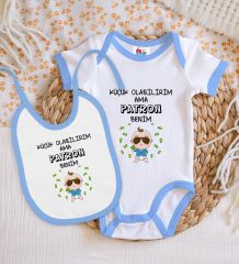 BK Kids Patron Benim Tasarımlı Mavi Bebek Body Zıbın ve Mama Önlüğü Hediye Seti-1