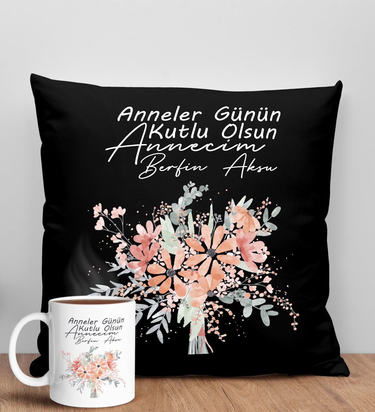 BK Gift Kişiye Özel İsimli Anneler Günü Tasarımlı Siyah Kırlent Yastık ve Kupa Seti, Anneye Hediye, Ev Dekorasyonu, Anneler Günü Hediyesi-9