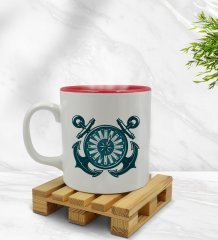 Bk Gift Çapa ve Pusula Tasarımlı İçi Kırmızı Renkli Kupa Bardak Model 1