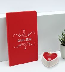 BK Gift Kişiye Özel İsimli Kırmızı Defter ve Kalp Taş Obje Kokulu Mum Hediye Seti-8, Sevgiliye Hediye, Arkadaşa Hediye