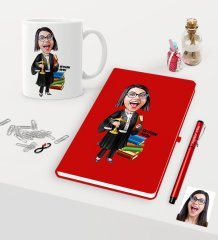 Kişiye Özel Bayan Avukat Karikatürlü Kırmızı Defter Kalem Kupa Seti - 2