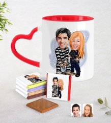 Kişiye Özel Sevgililer Karikatürlü Kırmızı Kalpli Kupa ve Çikolata Seti-7