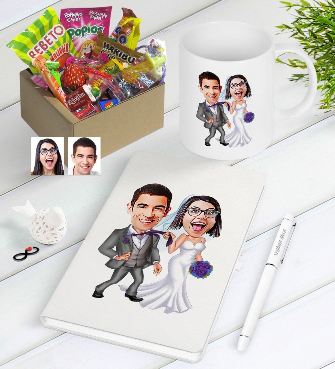 Kişiye Özel Evleniyoruz Karikatürlü Nostaljik Lezzetler Defter Kalem Kupa Hediye Seti-6