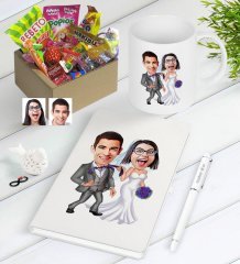 Kişiye Özel Evleniyoruz Karikatürlü Nostaljik Lezzetler Defter Kalem Kupa Hediye Seti-6
