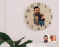 Kişiye Özel Baba Oğul Karikatürlü Otantik Ahşap Palet Saat-1