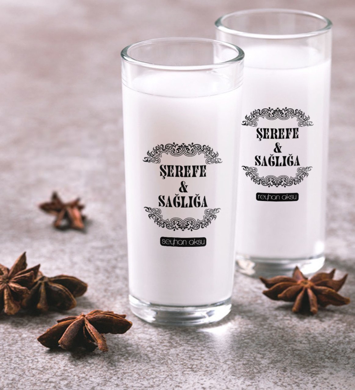 Kişiye Özel Renkli Baskılı Şerefe ve Sağlığa İkili Rakı Bardağı Seti-1