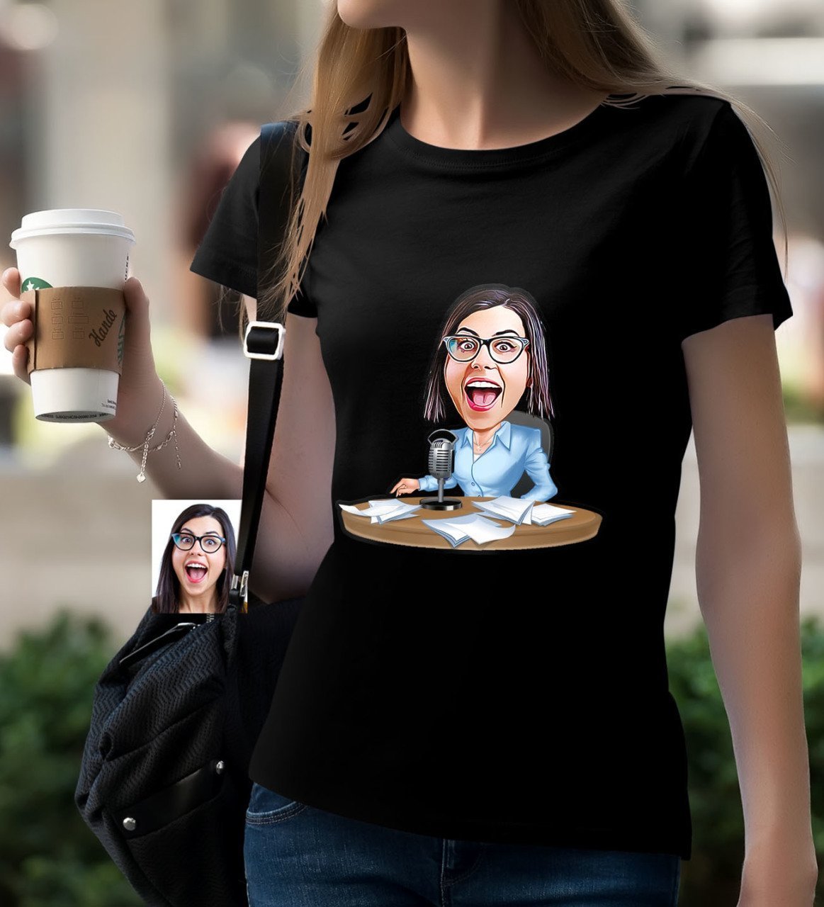 Kişiye Özel Bayan Sunucu Spiker Karikatürlü Siyah T-Shirt