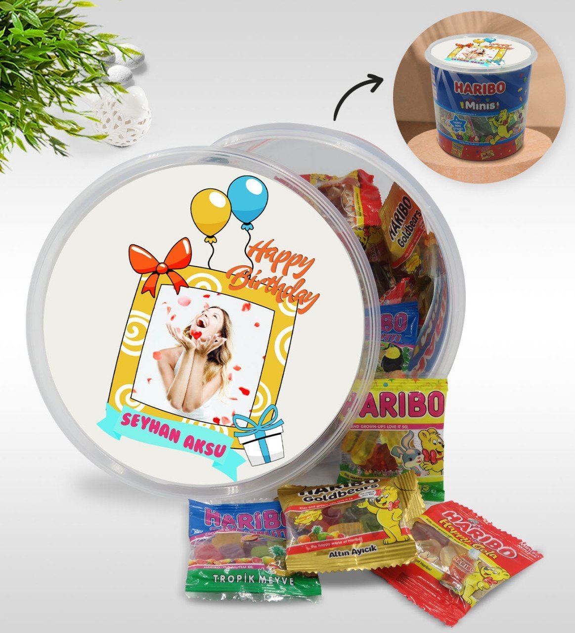 Kişiye Özel İsimli Fotoğraflı Doğum Günü Tasarımlı Dev Boy Haribo Minis Kovası (10gx100adet) Model 12