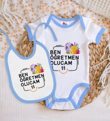 BK Kids Öğretmen Olucam Tasarımlı Mavi Bebek Body Zıbın ve Mama Önlüğü Hediye Seti-1