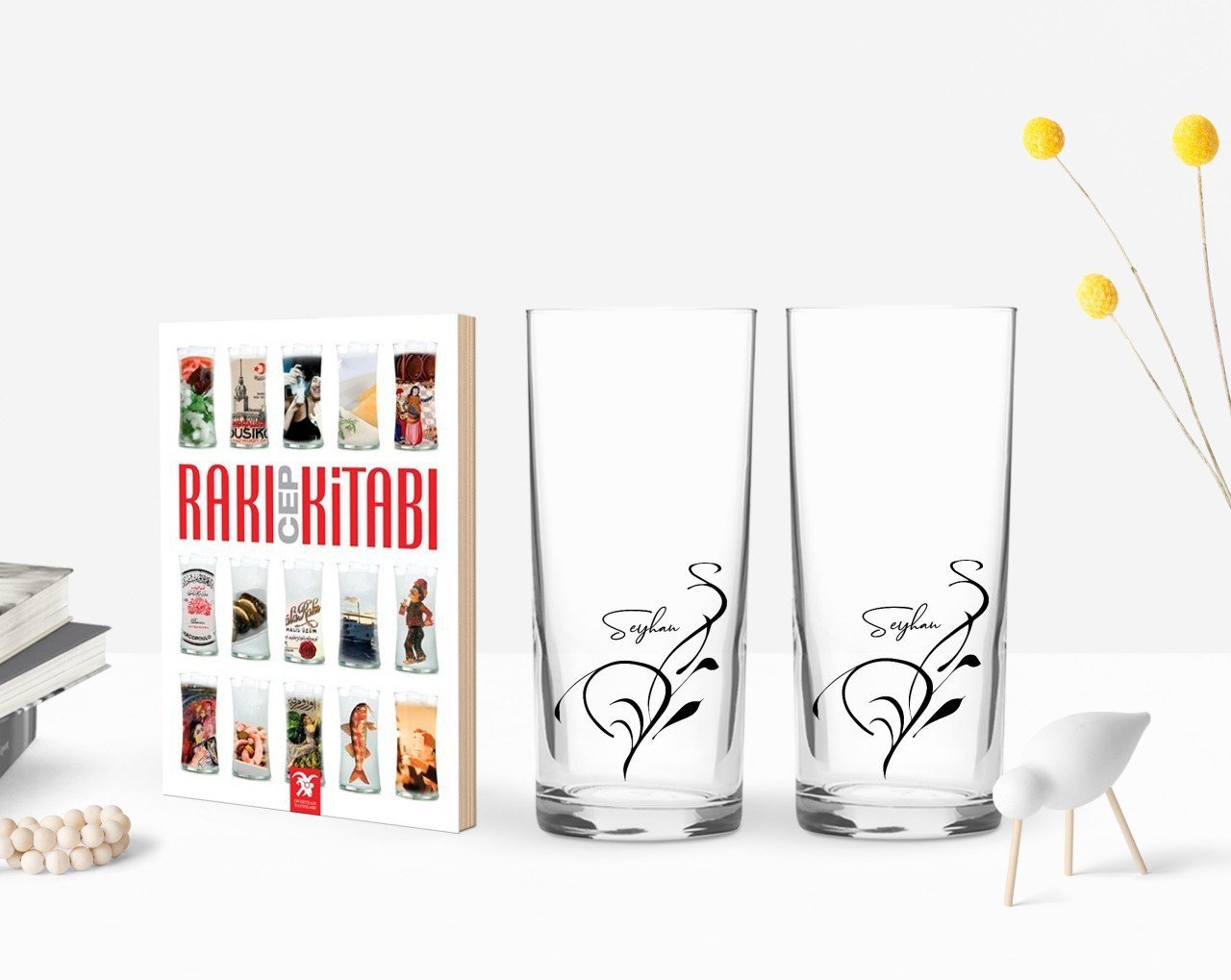 Kişiye Özel Renkli Baskılı İsimli İkili Rakı Bardağı ve Rakı Cep Kitabı Hediye Seti-122
