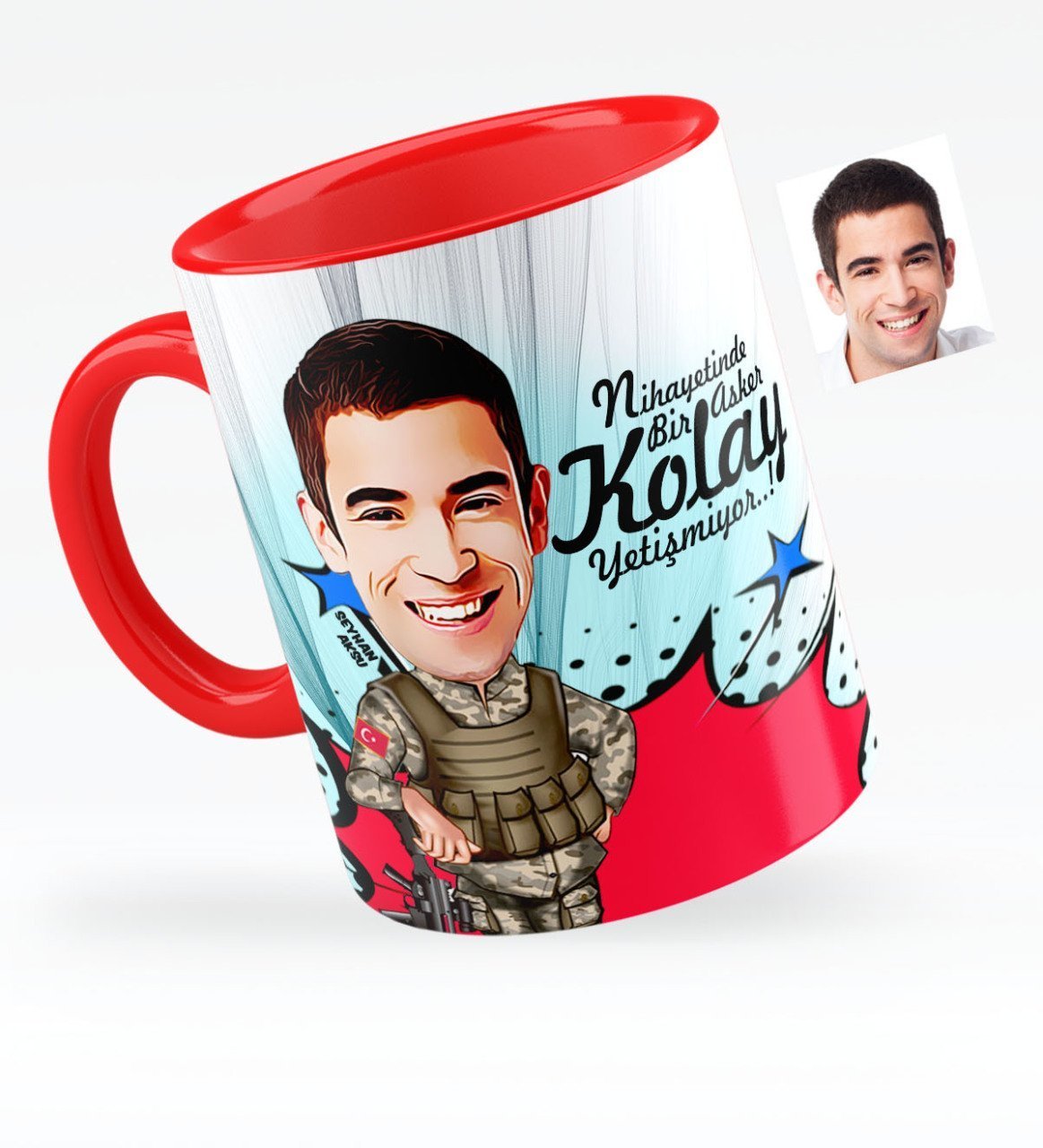 Kişiye Özel Asker Karikatürlü Kırmızı Kupa Bardak - 2