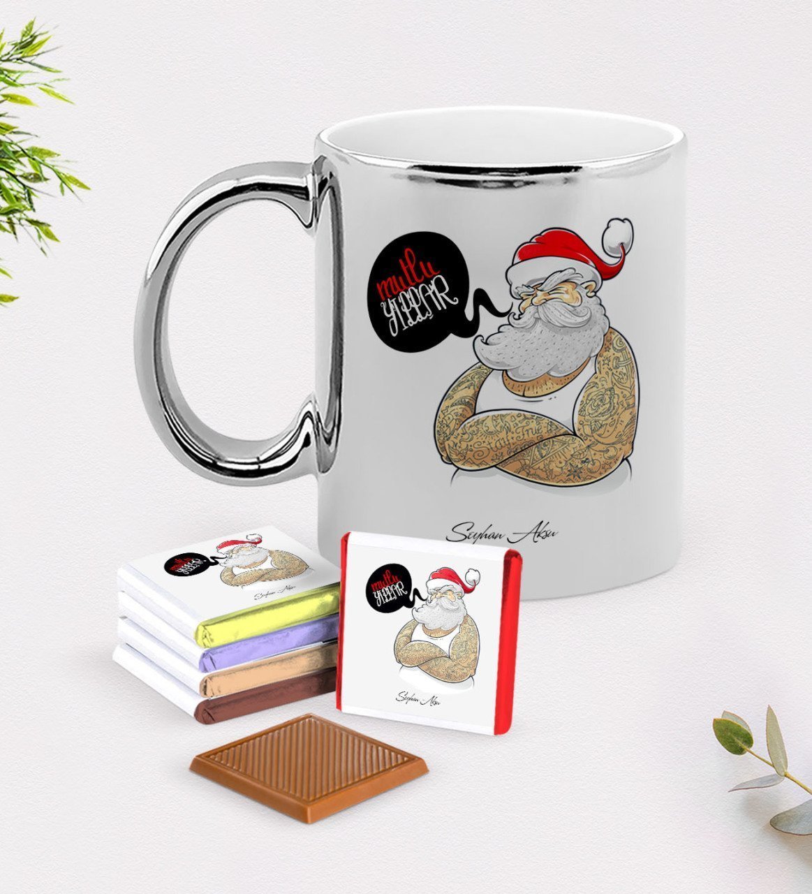 Kişiye Özel Noel Baba Krom Kupa ve Çikolata Hediye Seti-4