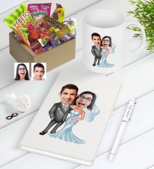 Kişiye Özel Evleniyoruz Karikatürlü Nostaljik Lezzetler Defter Kalem Kupa Hediye Seti-5