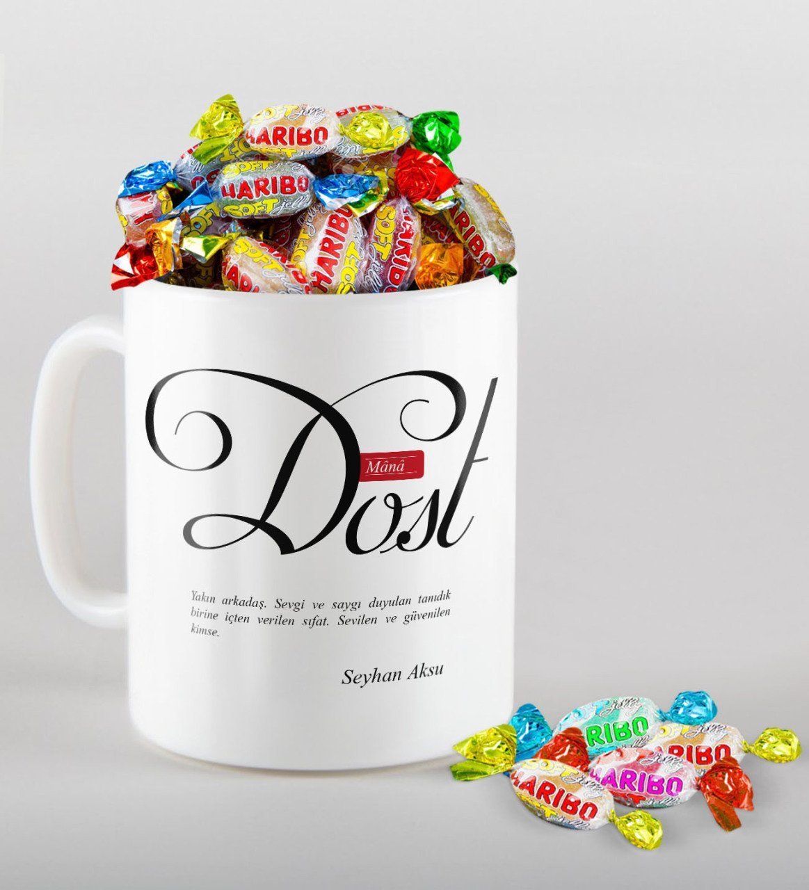 Kişiye Özel Mânâ Dost Kupa ve Haribo Şeker Hediye Seti