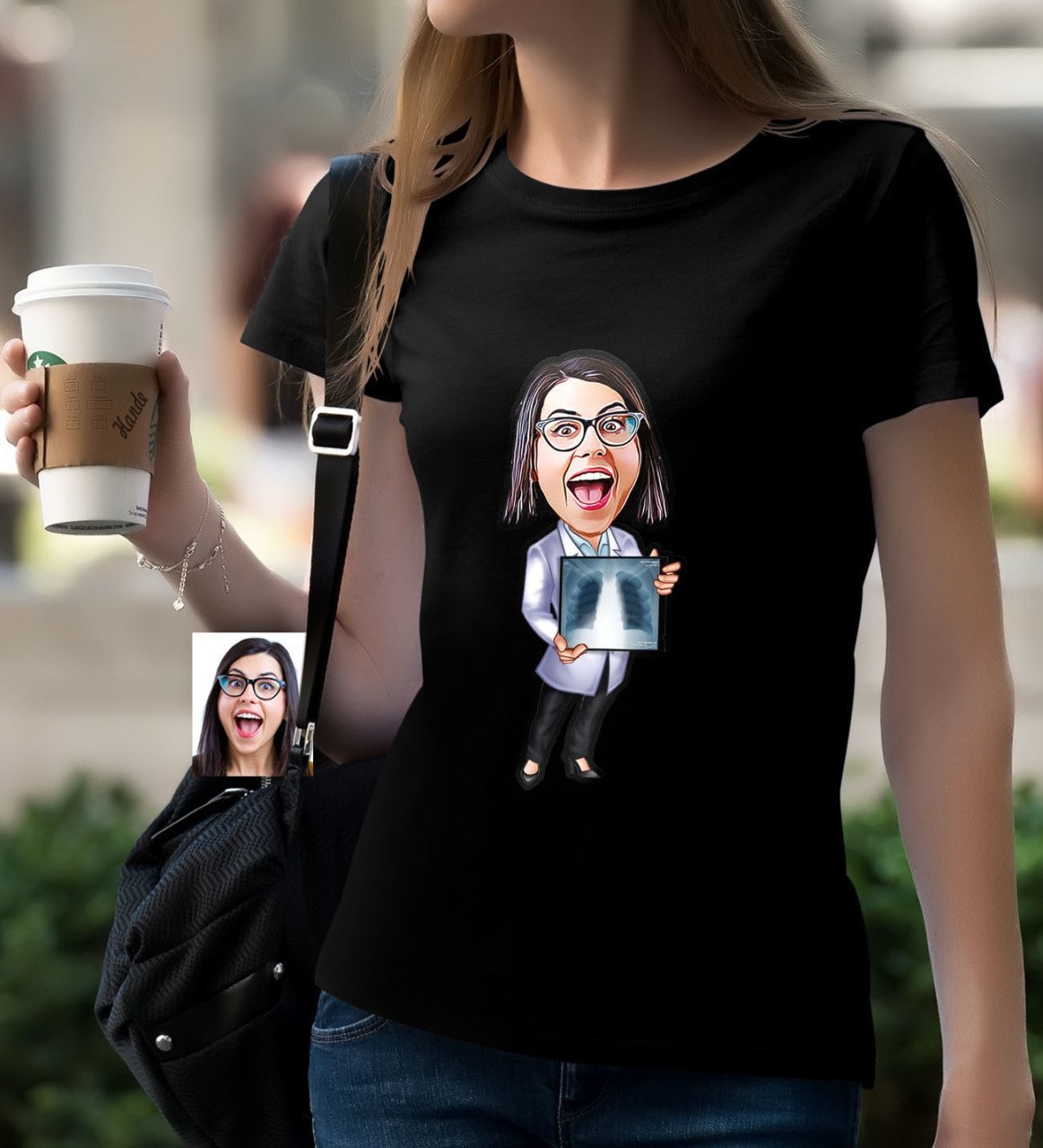 Kişiye Özel Bayan Radyoloji Uzmanı Karikatürlü Siyah T-Shirt