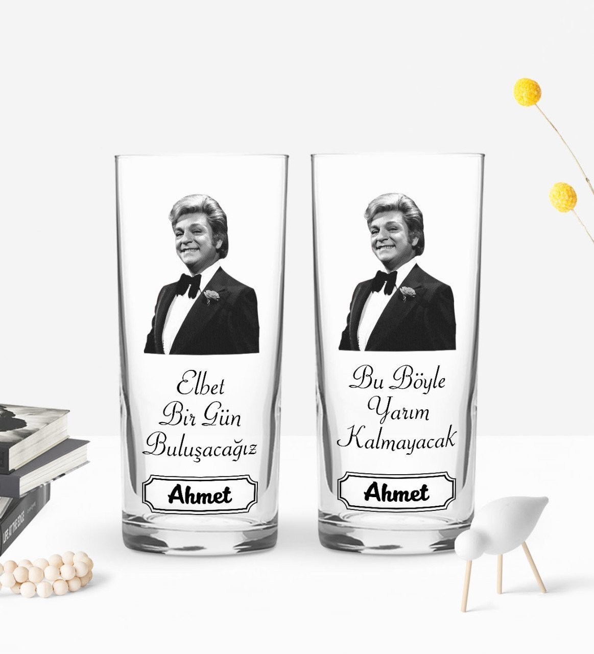 Kişiye Özel Renkli Baskılı Zeki Müren Tasarımlı İkili Rakı Bardağı Seti-1