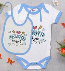 BK Kids Orjin Trakyalı Tasarımlı Mavi Bebek Body Zıbın ve Mama Önlüğü Hediye Seti-1